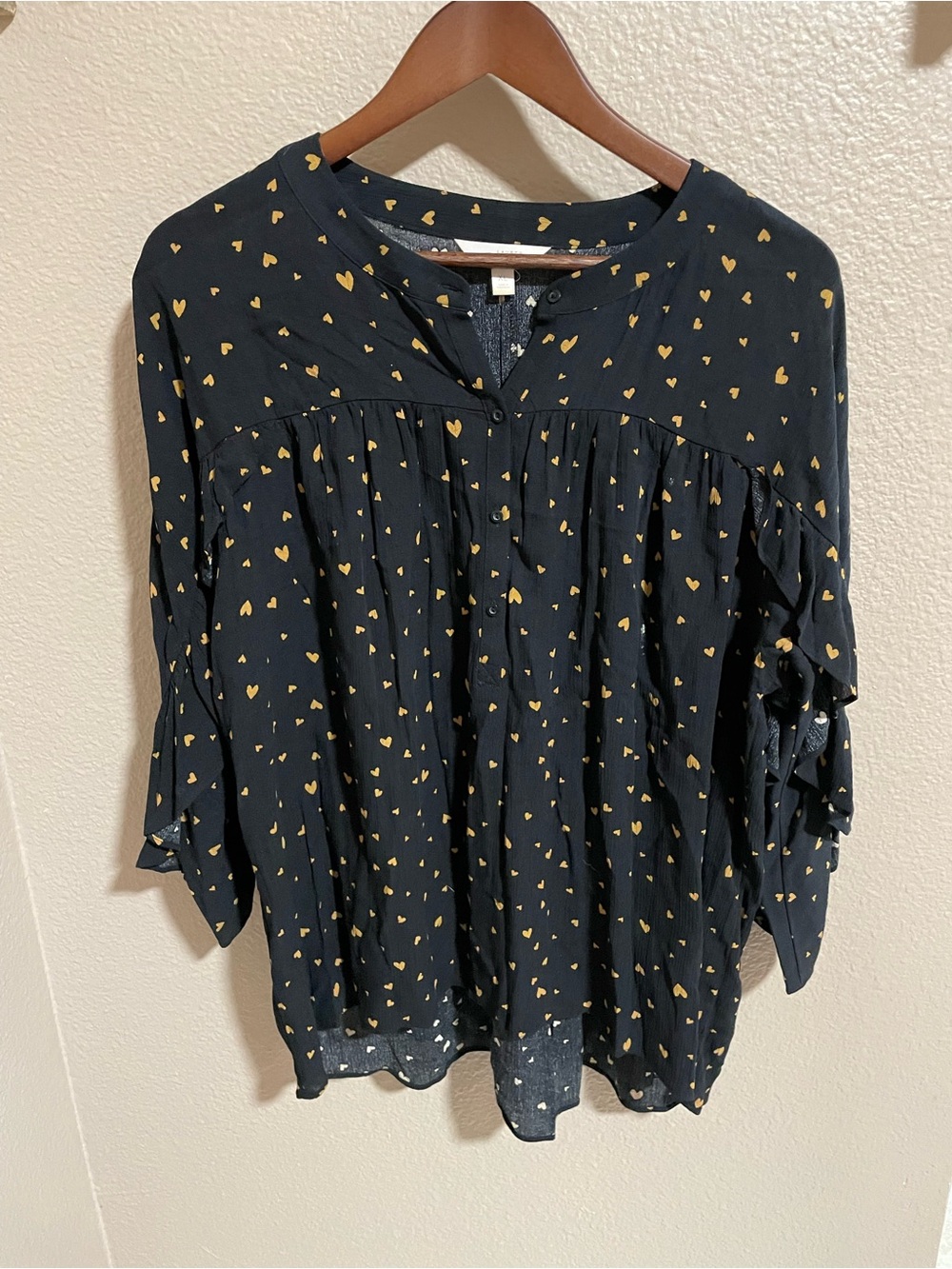 LC Lauren Conrad Black Blouse with Gold Heart Print